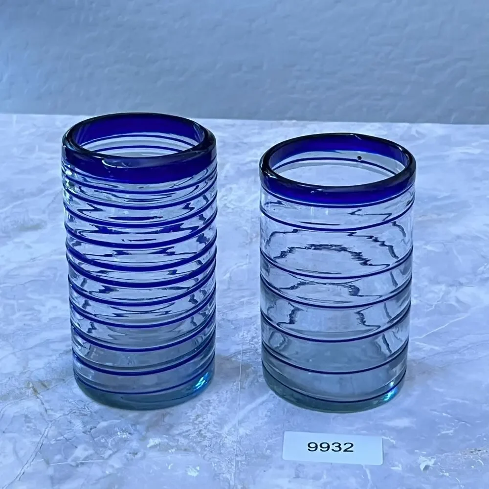 Mexican Hand Blown Drinking Glasses Set of 2 Cobalt Blue Spiral Thick Rim